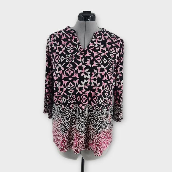 Susan Graver Blouse Women's LP 3/4 Sleeve V-Neck Stretch Floral Design Slinky - Picture 1 of 7